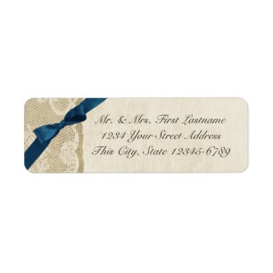 Navy Blue Bow, Lace and Burlap Rustic Country Return Address Label