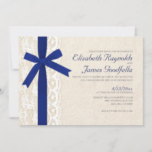 Navy Blue Bow & Lace Wedding Invitations