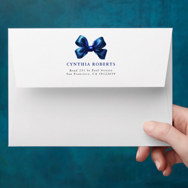 Navy Blue Bow Modern Elegant Return Address Envelope (Hand)