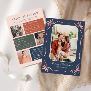 Navy Blue Bow Modern Year In Review Family Photo Holiday Card