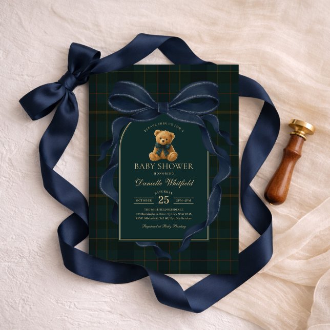 Navy Blue Bow Plaid Teddy Bear Boy Baby Shower Invitation (Creator Uploaded)