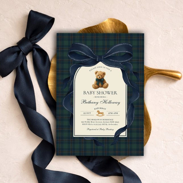 Navy Blue Bow Polo Teddy Bear Boy Baby Shower Invitation (Creator Uploaded)