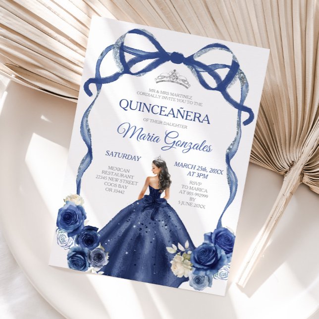 Navy Blue Bow Princess Silver Crown Quinceañera Invitation (Creator Uploaded)