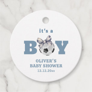 Navy Blue Bow Soccer Boy Thank You Baby Shower Favour Tags