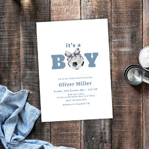 Navy Blue Bow Soccer Sport Baby Shower Invitation