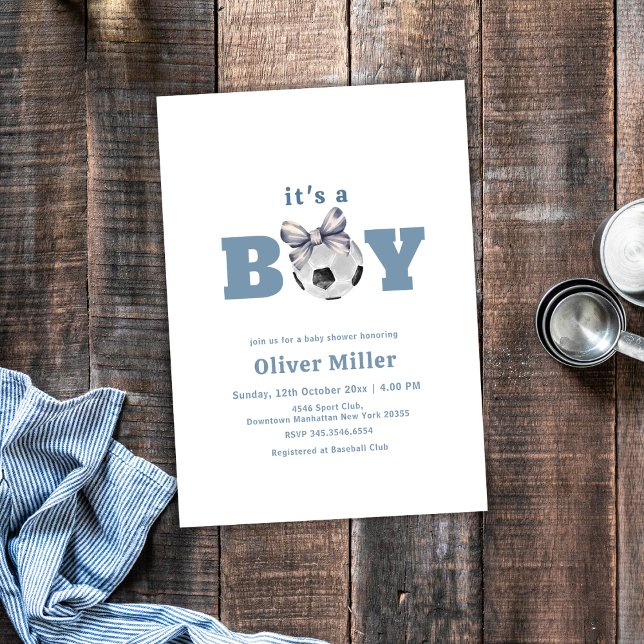 Navy Blue Bow Soccer Sport Baby Shower Invitation (Navy Blue Bow Soccer Sport Baby Shower Invitation)