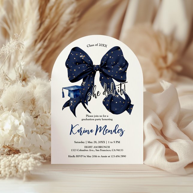 Navy Blue Bow with Gold Glitter Grad Arch Invitation (Creator Uploaded)