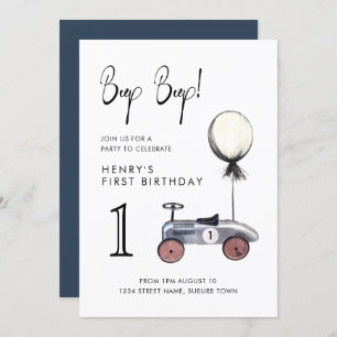 Navy Blue Boy 1st Birthday Vintage Race Car  Invitation