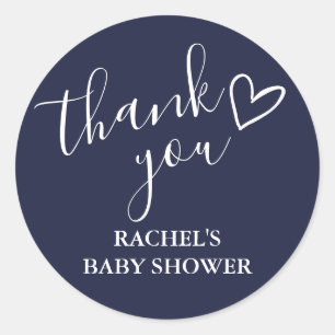 Navy Blue Boy Baby Shower Script Heart Thank You Classic Round Sticker