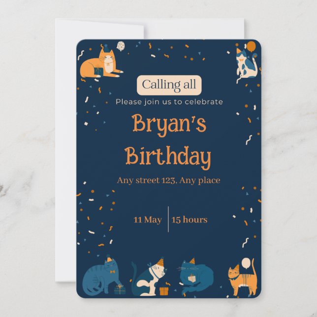 Navy Blue Boy Cat Invite (Front)
