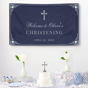 Navy Blue Boy Christening Vintage Elegant Baptism  Banner