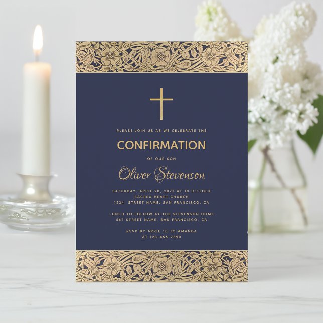Navy Blue Boy Confirmation Floral Gold Roses Cross Invitation (Creator Uploaded)