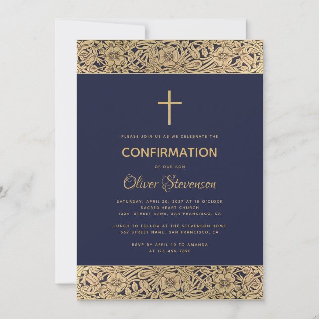 Navy Blue Boy Confirmation Floral Gold Roses Cross Invitation (Front)