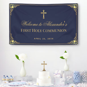 Navy Blue Boy First Communion Faux Gold Vintage Banner