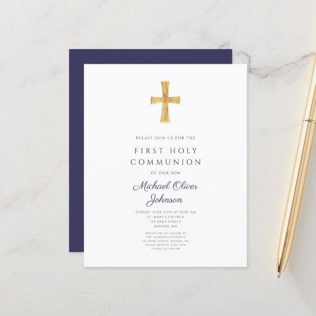 Navy Blue Boy First Communion Invitation Paper (Front/Back In Situ)