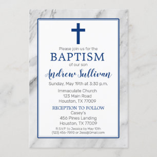 Navy Blue Boy Marble Baptism Invitation
