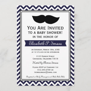 Navy Blue Boy Moustache Chevron Baby Shower Invitation