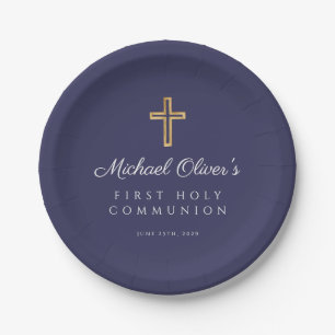 Navy Blue Boy Religious Cross First Communion Paper Plate