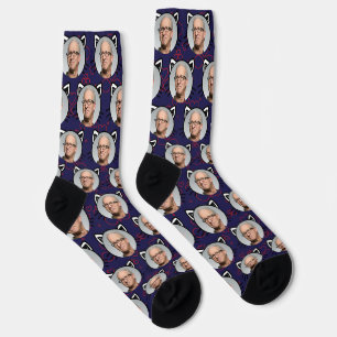 Navy Blue Boyfriend Girlfriend Photo Cat Face Socks