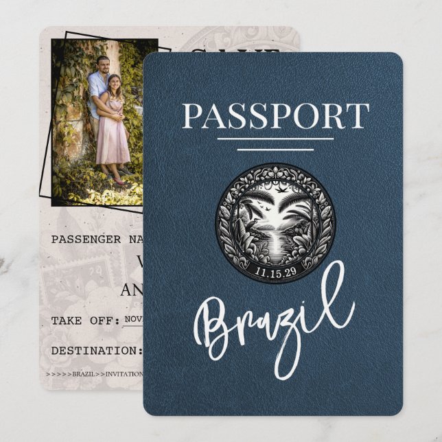 Navy Blue Brazil Passport Save The Date (Front/Back)
