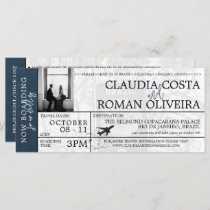 Navy Blue Brazil Wedding Boarding Pass Invitation