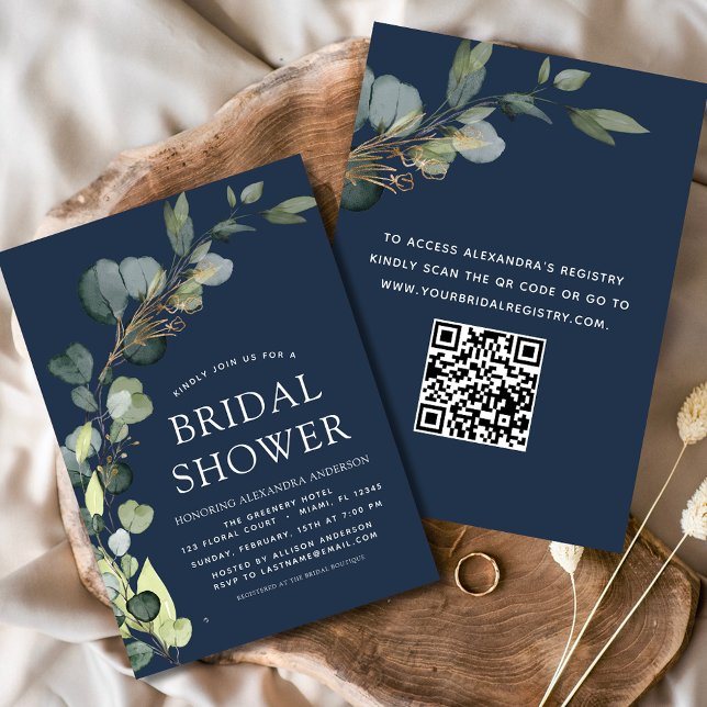 Navy Blue Bridal Shower QR Code Eucalyptus Invitation (Creator Uploaded)