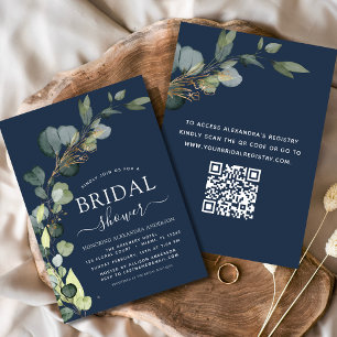 Navy Blue Bridal Shower QR Code Eucalyptus Invitation