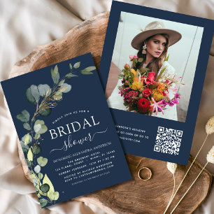 Navy Blue Bridal Shower QR Code Photo Eucalyptus Invitation