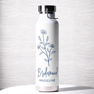 Navy Blue Bridesmaid Name Floral Bachelorette Water Bottle
