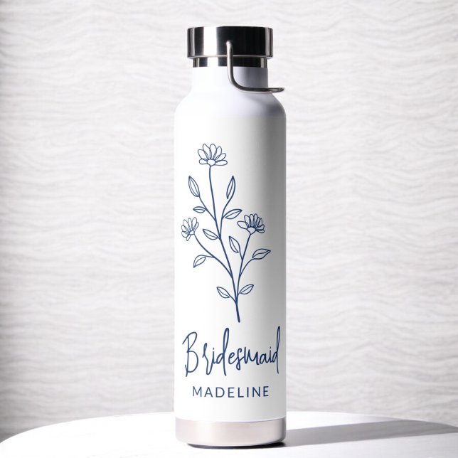 Navy Blue Bridesmaid Name Floral Bachelorette Water Bottle (Creator Uploaded)