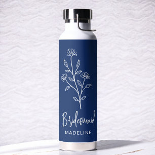 Navy Blue Bridesmaid Name Floral Bachelorette Water Bottle