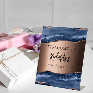 Navy blue bronze agate birthday welcome pedestal sign