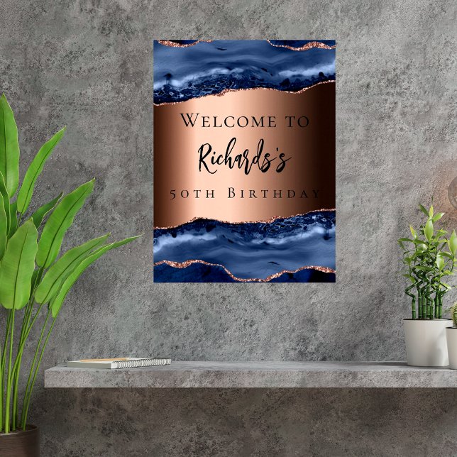 Navy blue bronze agate welcome birthday poster (Creator Uploaded)