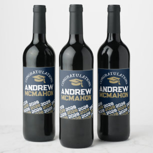 Navy Blue & Bronze Gold Graduation Personalised Wine Label