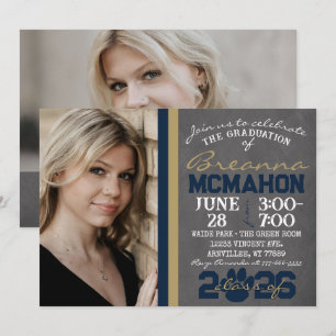 Navy Blue & Bronze Gold Pawprint Graduation Photo Invitation
