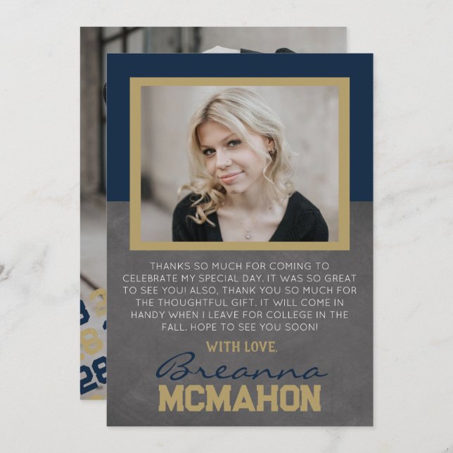 Navy Blue & Bronze Graduation Photo Thank You Card (Front/Back)