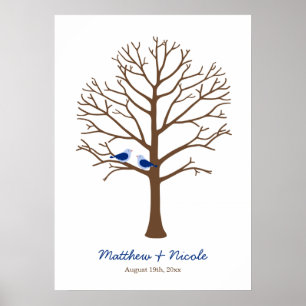 Navy Blue Brown Birds Fingerprint Tree Wedding Poster