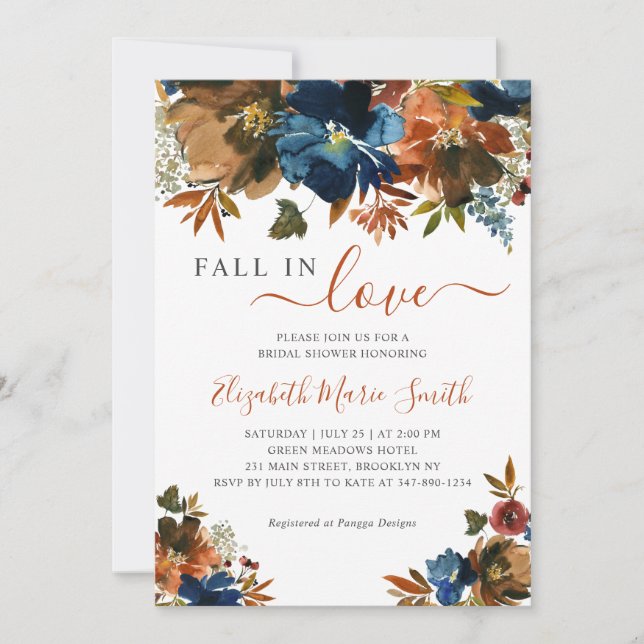 Navy Blue Brown Fall in Love Autumn Bridal Shower Invitation (Front)