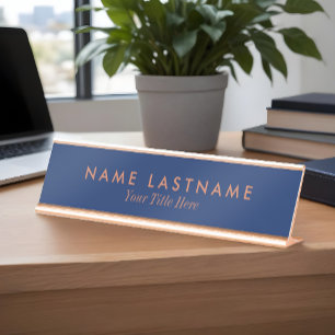 Navy Blue Brown Fonts Minimalist Custom Desk Name Plate