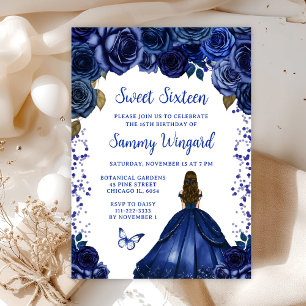 Navy Blue Brown Hair Princess Sweet Sixteen Invitation