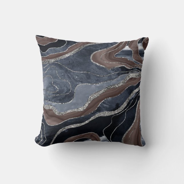 Navy Blue Brown Marble Agate Silver Glitter Glam 1 Cushion (Front)