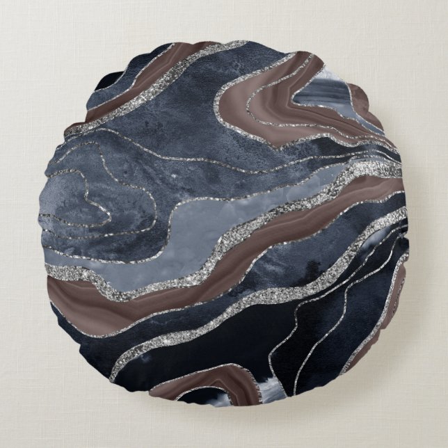 Navy Blue Brown Marble Agate Silver Glitter Glam 1 Round Cushion (Front)