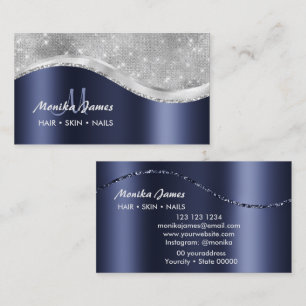Navy Blue Brushed Metal Monogram Name and Initial Business Card