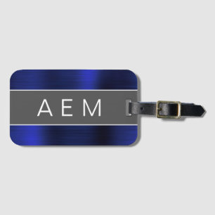 Navy Blue Brushed Metal Monogram Name and Initial Luggage Tag
