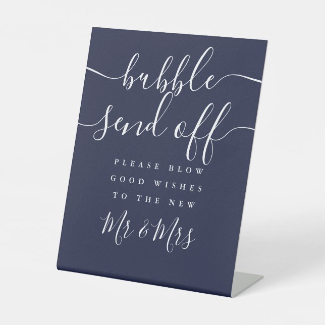 Navy Blue Bubble Send Off Chic Script Pedestal Sign (Front)