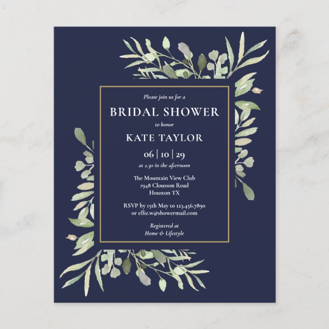 Navy Blue Budget Greenery Bridal Shower Invitation (Front)