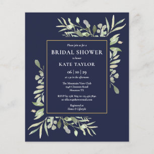 Navy Blue Budget Greenery Bridal Shower Invitation