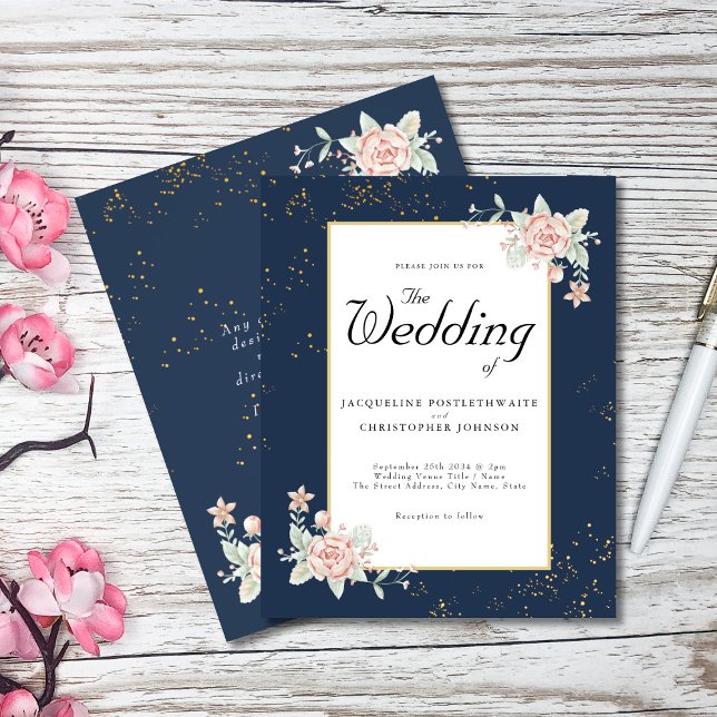 Navy Blue Budget Wedding Invitation Pink Peony Flyer (Creator Uploaded)