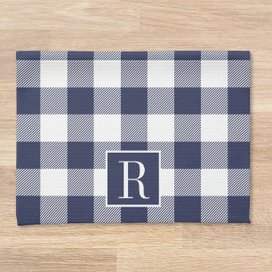 Navy Blue Buffalo Check Monogram Tea Towel