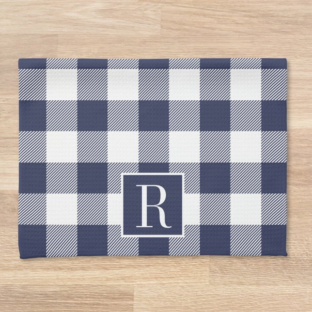 Navy Blue Buffalo Check Monogram Tea Towel (Creator Uploaded)